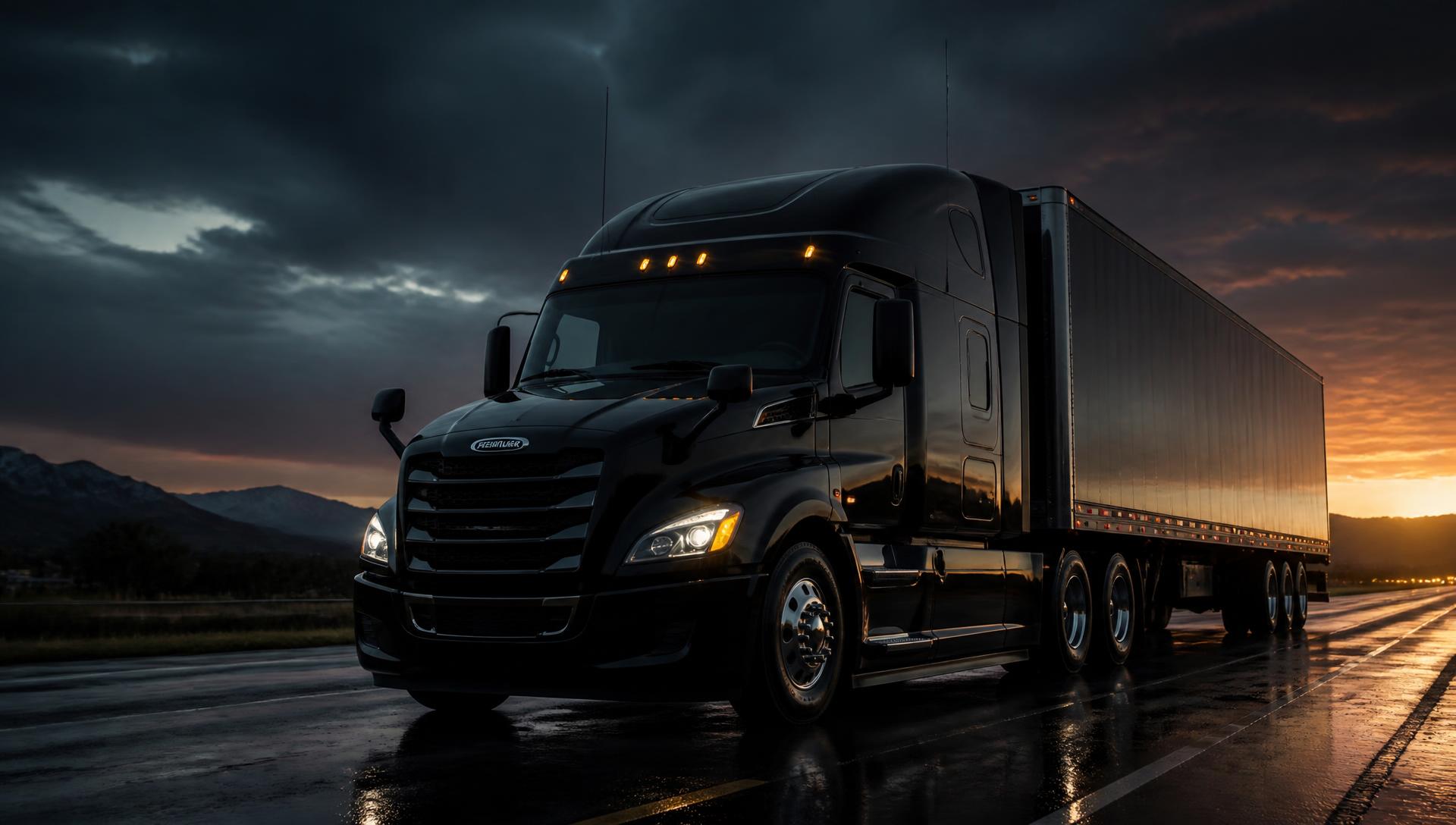 Modern black Freightliner Cascadia sleeper truck on a highway at dusk